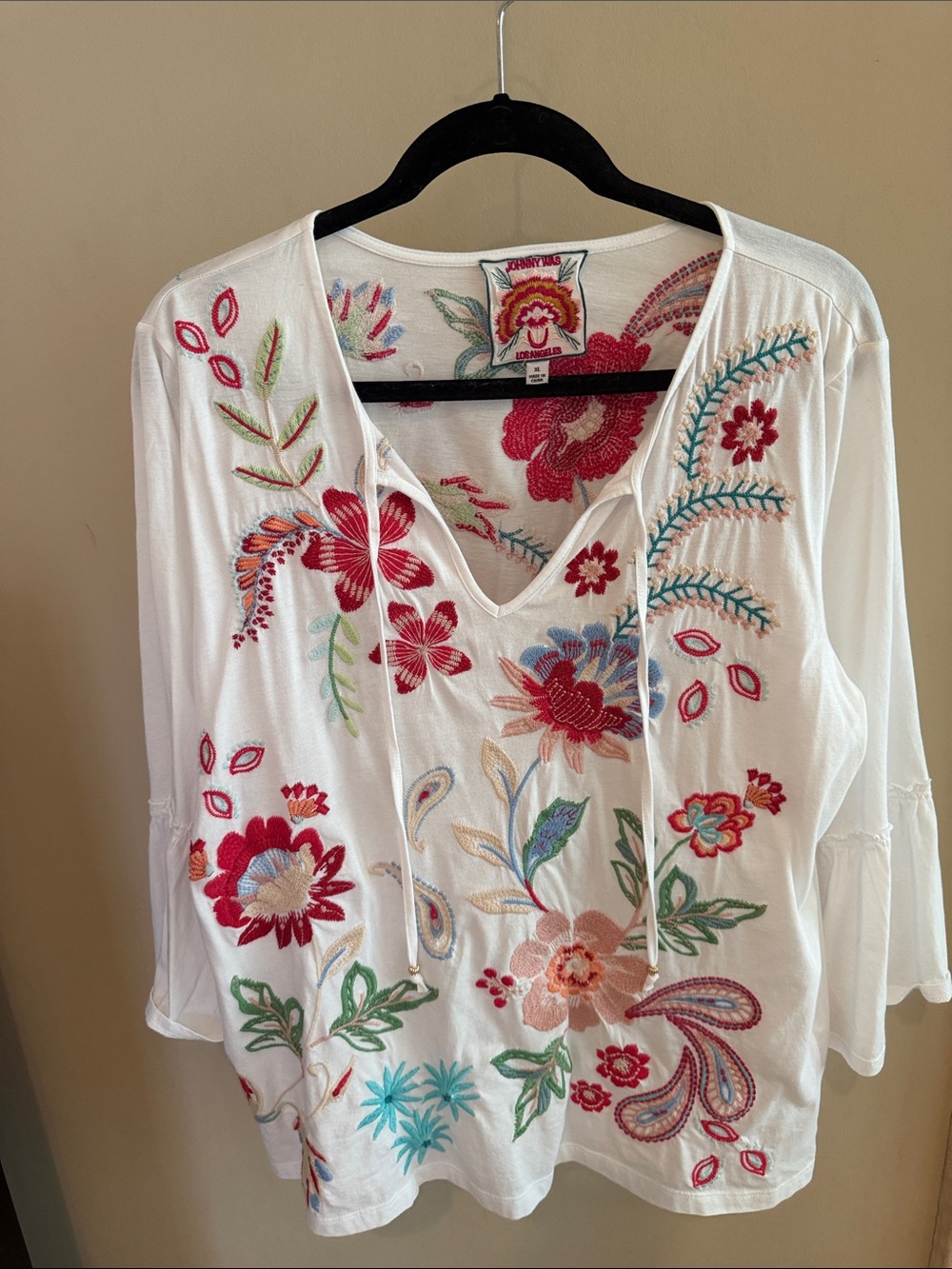 Johnny Was White Embroidered Floral Tie-Front Tunic